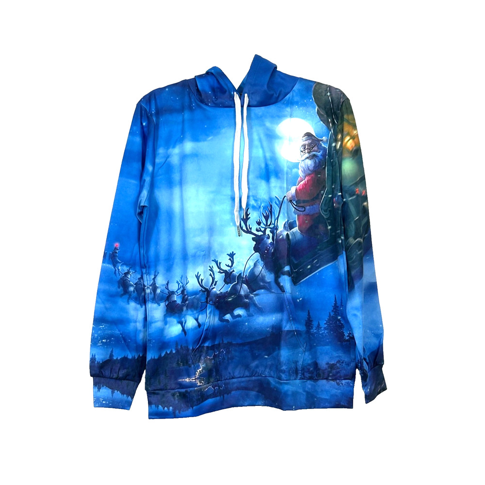 Santa‎ Sleigh Hoodie Mens Medium Blue All Over Christmas Print Sweatshirt